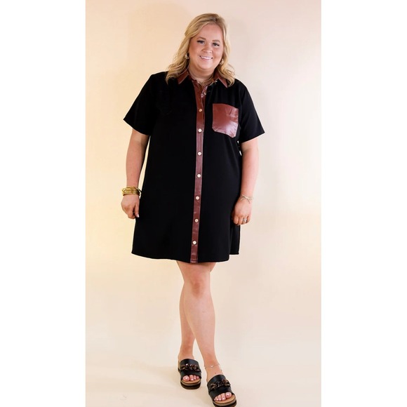 entro Dresses & Skirts - Entro Black Faux Leather Trim Button Front Shirt Dress Size 1X